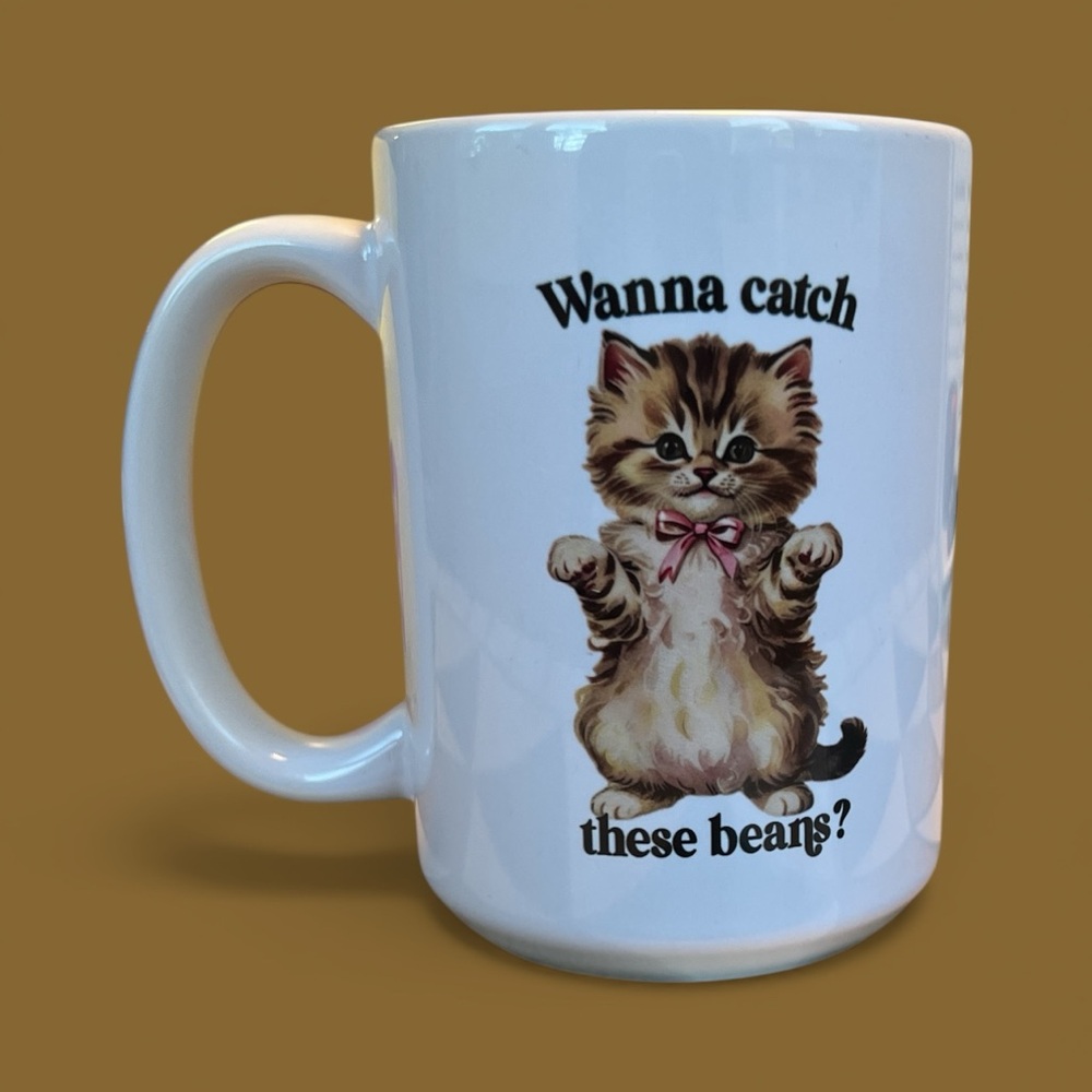 Adorable & whimsical kitty coffee cup -“Wanna catch these beans?”